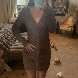 Eye Candy Long Sleeve Brown Ruched Dress
